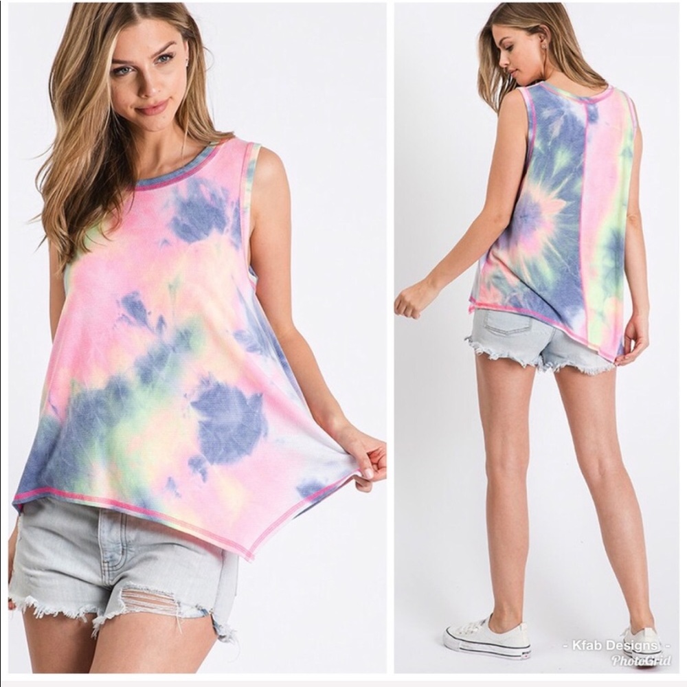 LAST! Pink/Blue Tie Dye Asymmetric Hem Top! - Picture 7 of 8